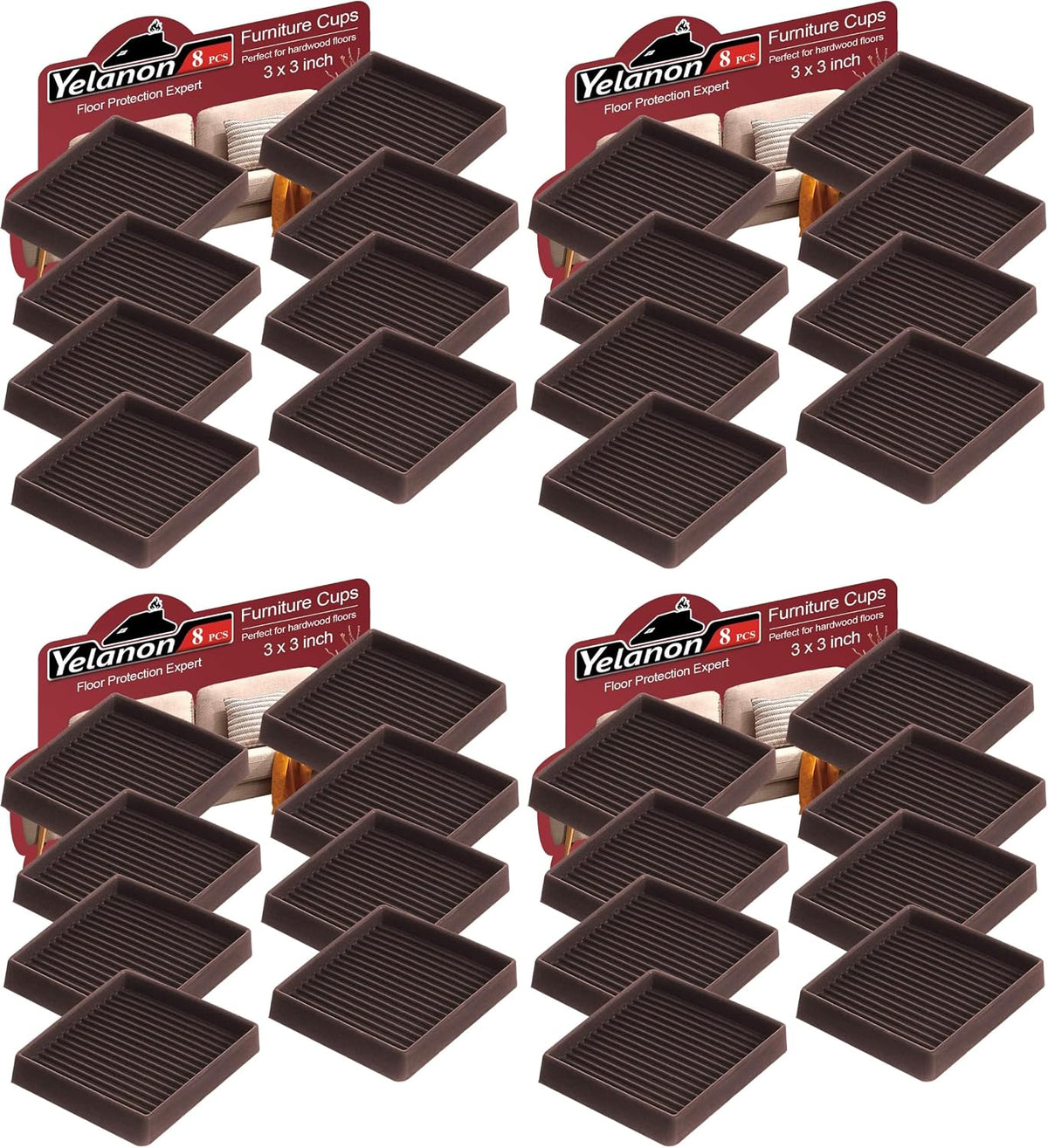 Four identical sets of eight dark brown square ribbed furniture cups shown in a repeating grid.