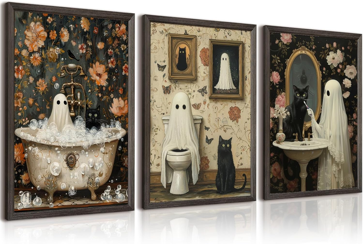 Three framed vertical prints showing ghost figures and black cats in ornate bathroom scenes
