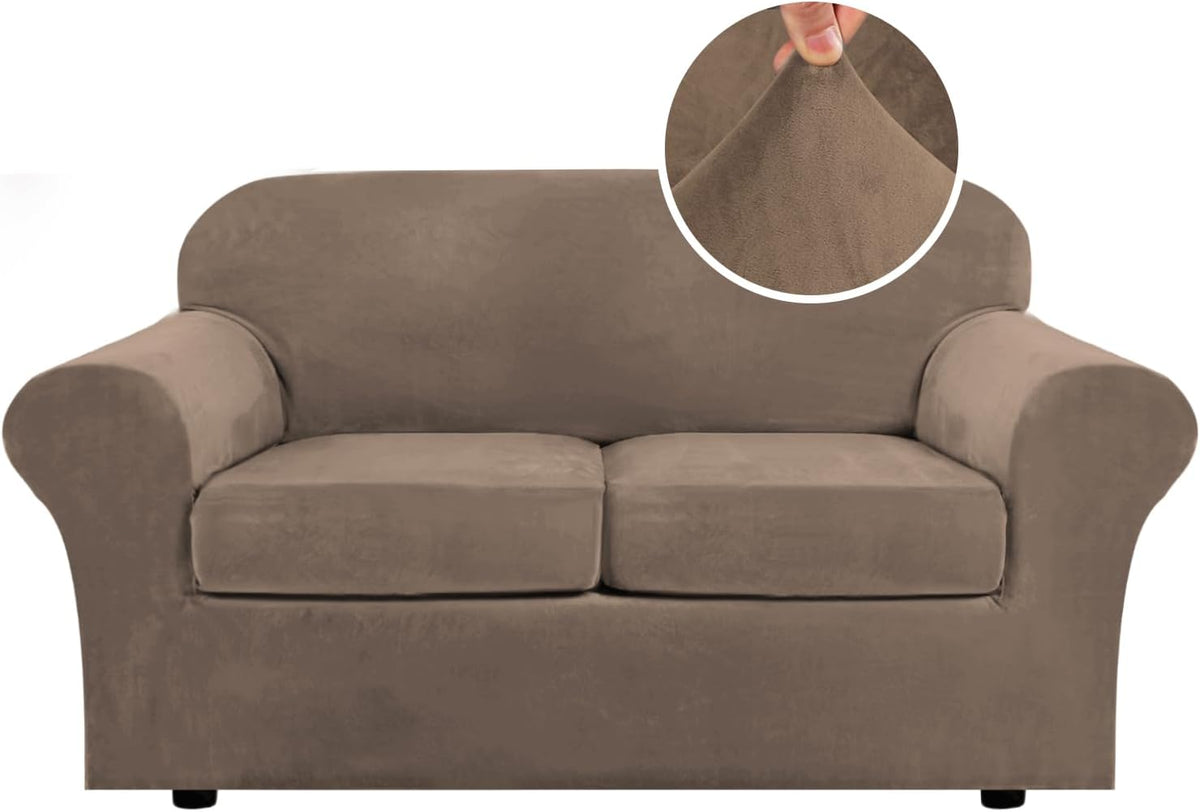 Front-facing taupe two-cushion sofa slipcover on white background with circular zoom of the soft velvet texture.
