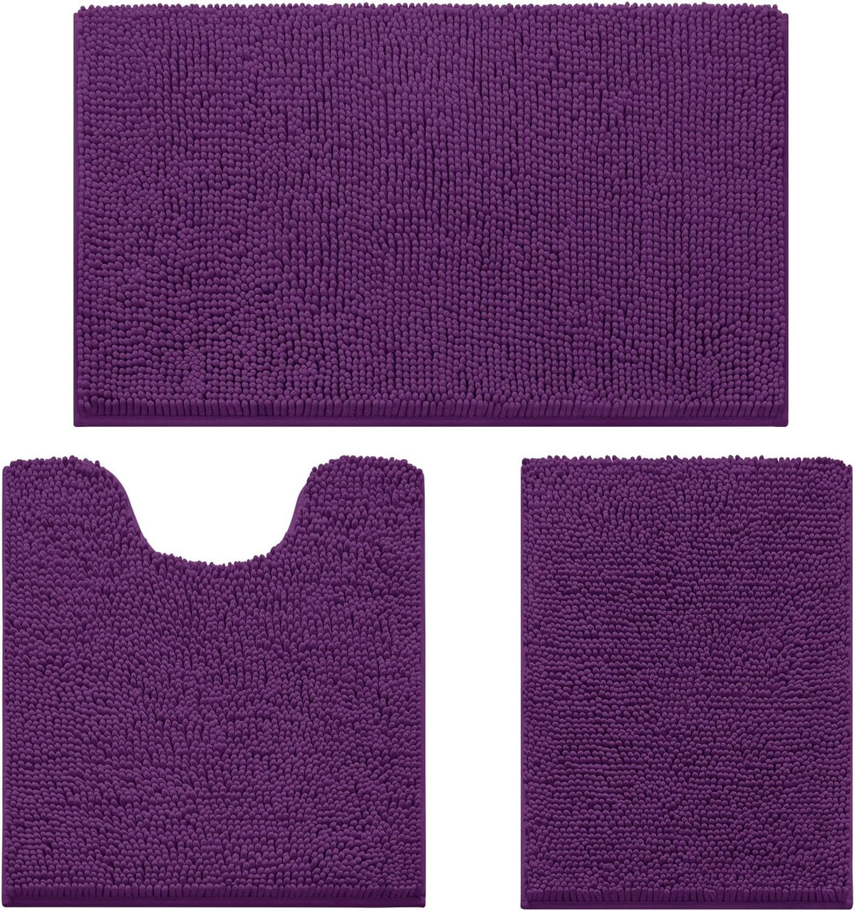 Three-piece deep purple chenille bath rug set displayed flat: large mat, contoured toilet mat, and small mat