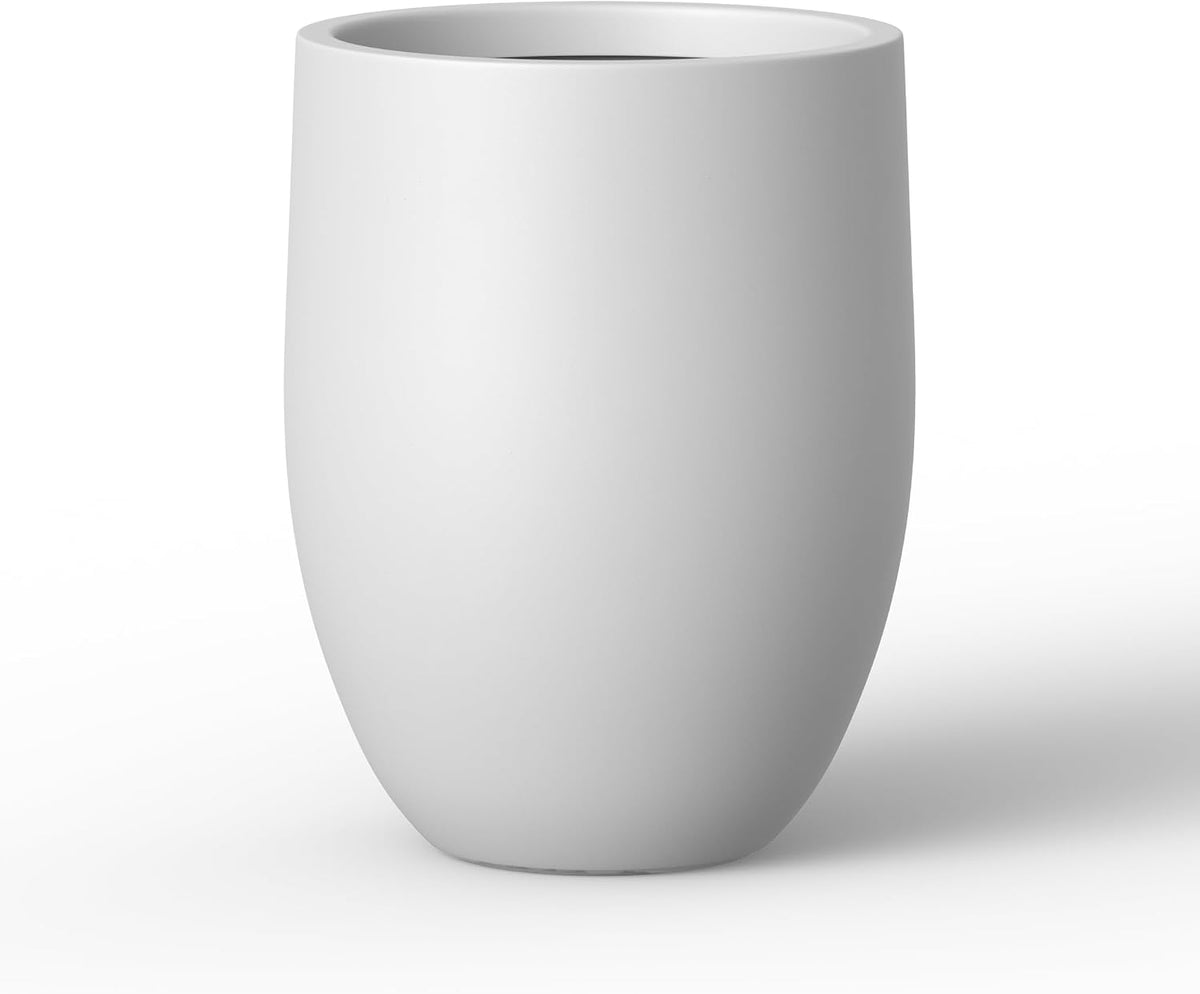 Close front detail of a tall smooth light-gray concrete planter, empty, on a white background.