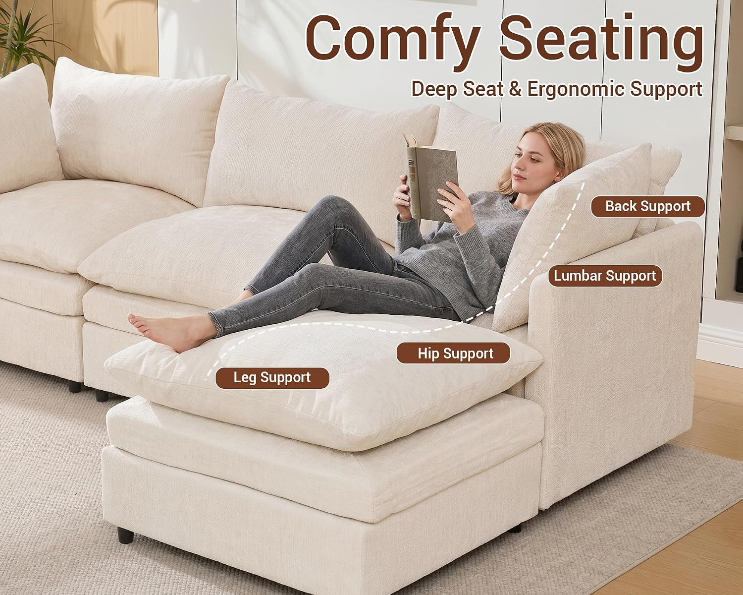 Woman reading on a cream sectional with an ottoman and labeled support zones.