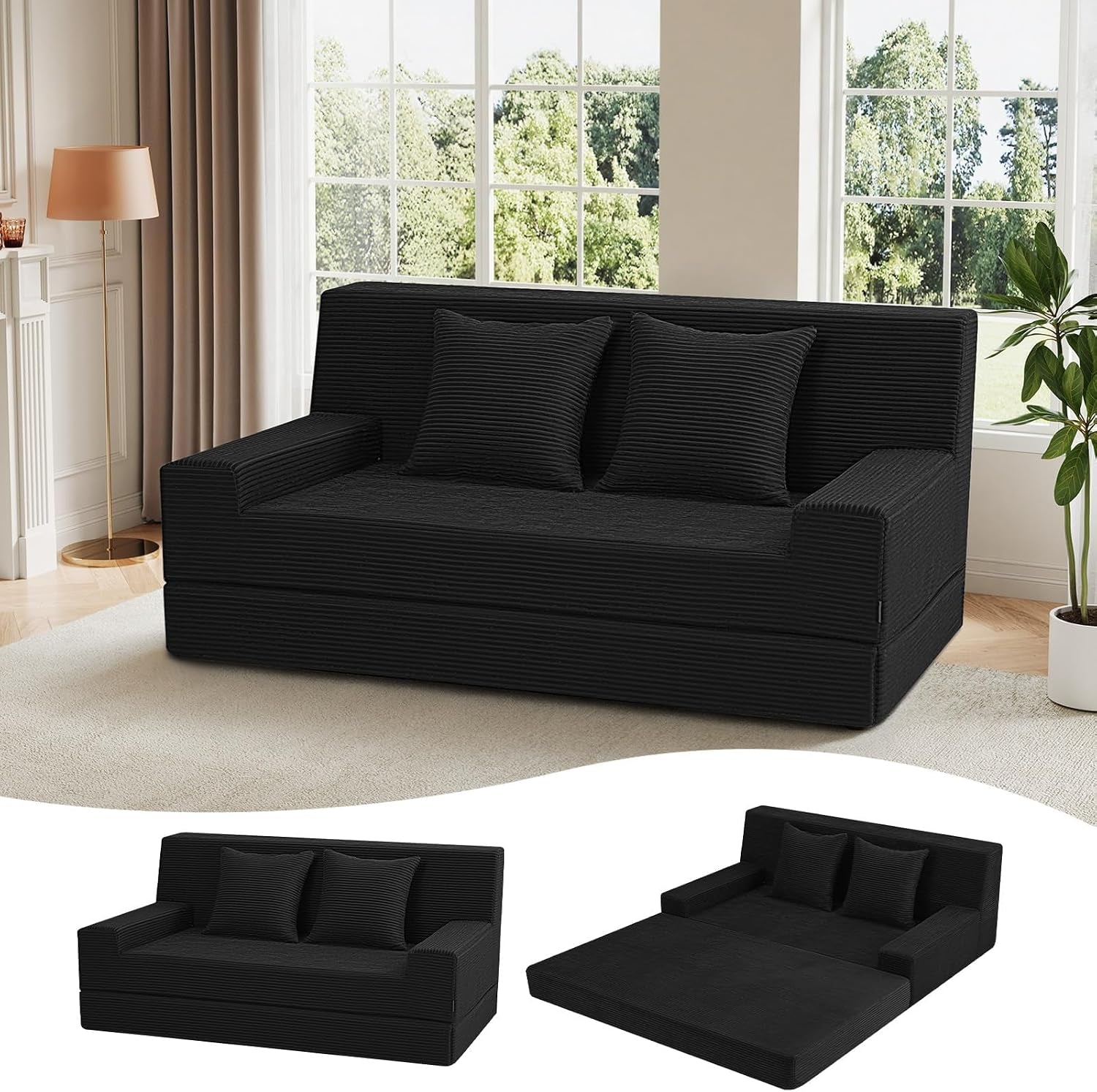 Black corduroy fold-out loveseat in a bright living room with two square pillows.