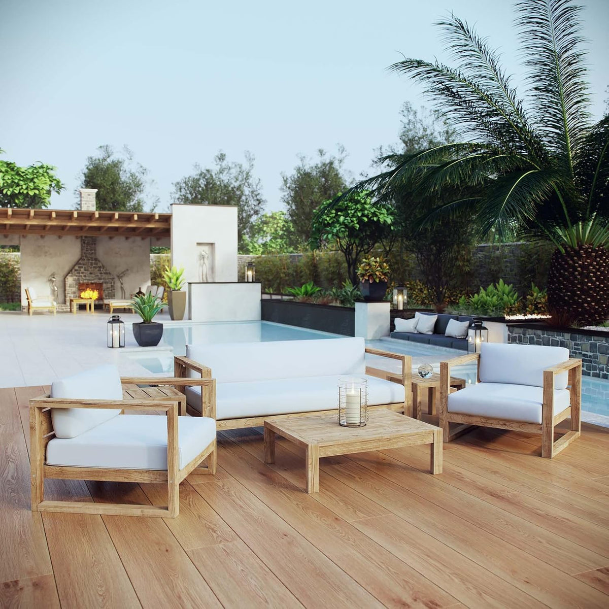 Poolside teak seating group with low table on wide wood deck, palm tree and pergola in background