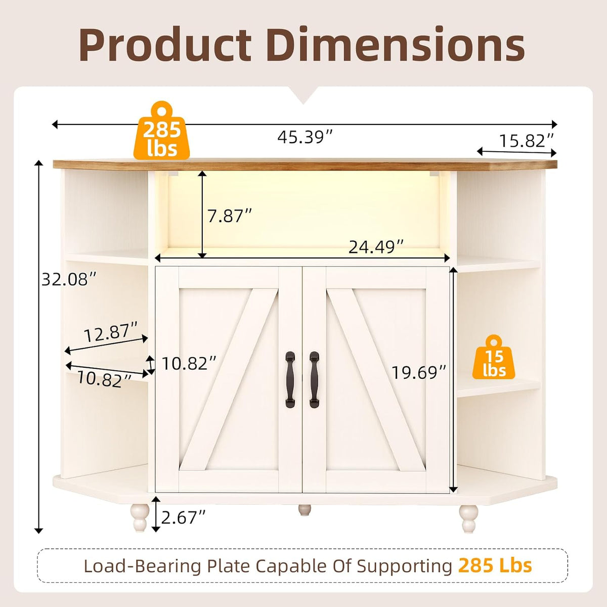 Dimension graphic showing overall height and shelf measurements for the corner TV stand