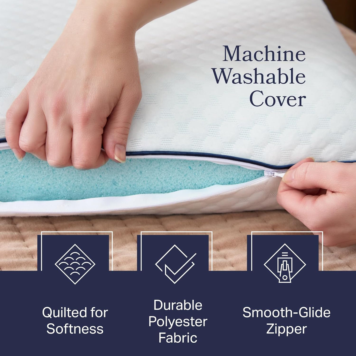 Hands unzipping the quilted polyester cover to reveal the blue gel-infused memory foam core inside