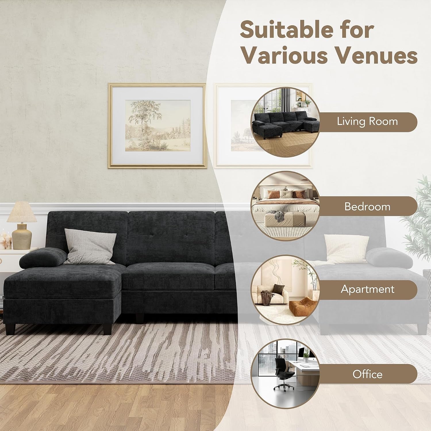 Black sectional in a room setting with overlay icons listing suitable venues like living room and bedroom
