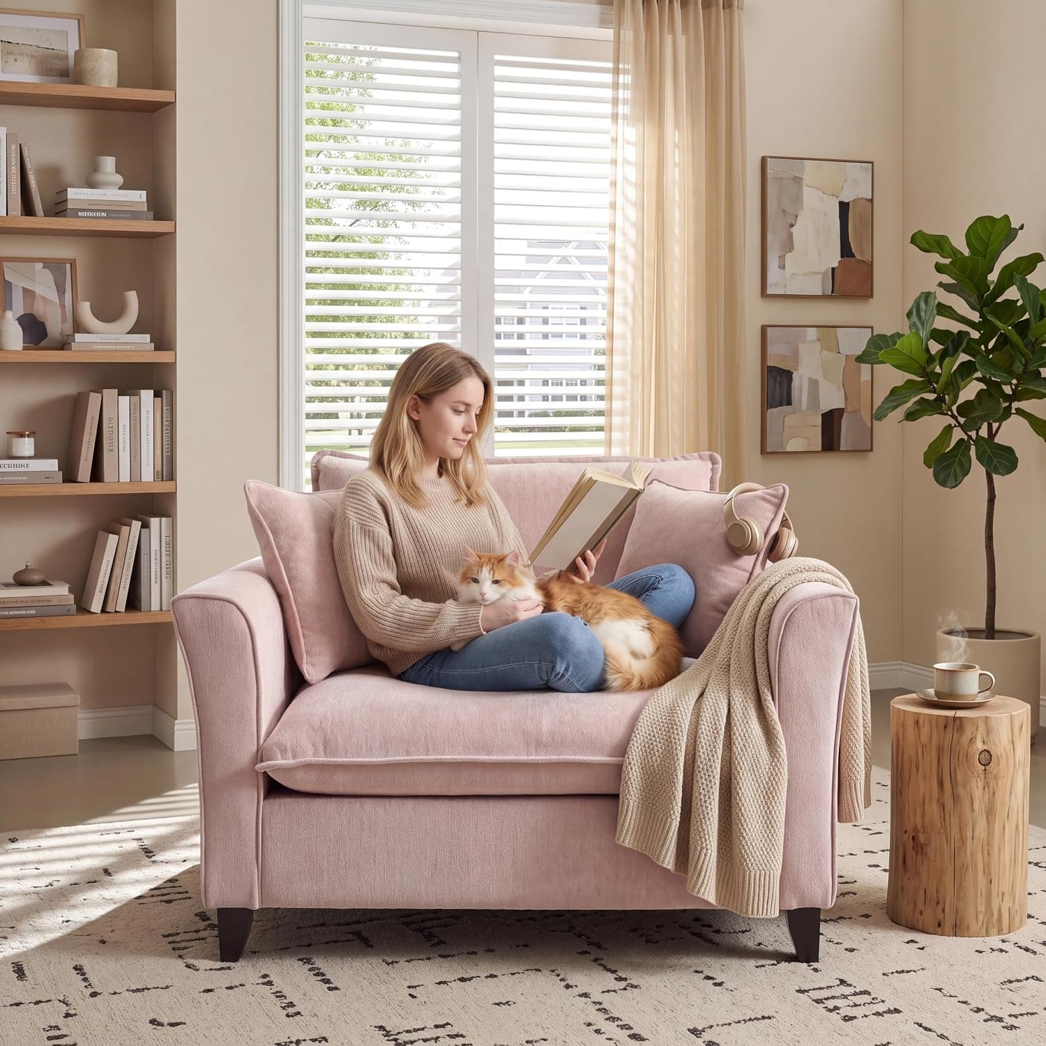 Pink oversized chair in a bright living room with a woman reading and a cat on her lap