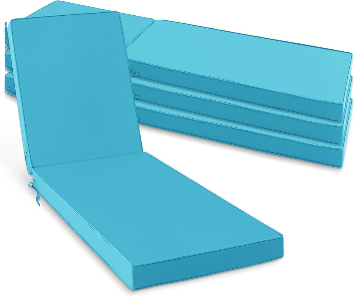 Bright blue chaise cushion in front and three stacked matching blue cushions behind.