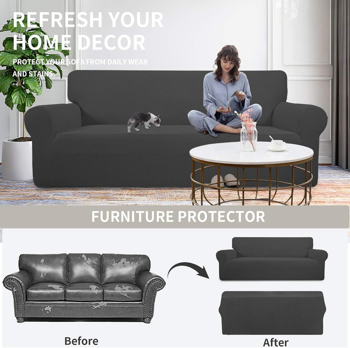 Dark gray one-piece slipcover on a three-seat sofa with a seated woman and a small cat on the cushion