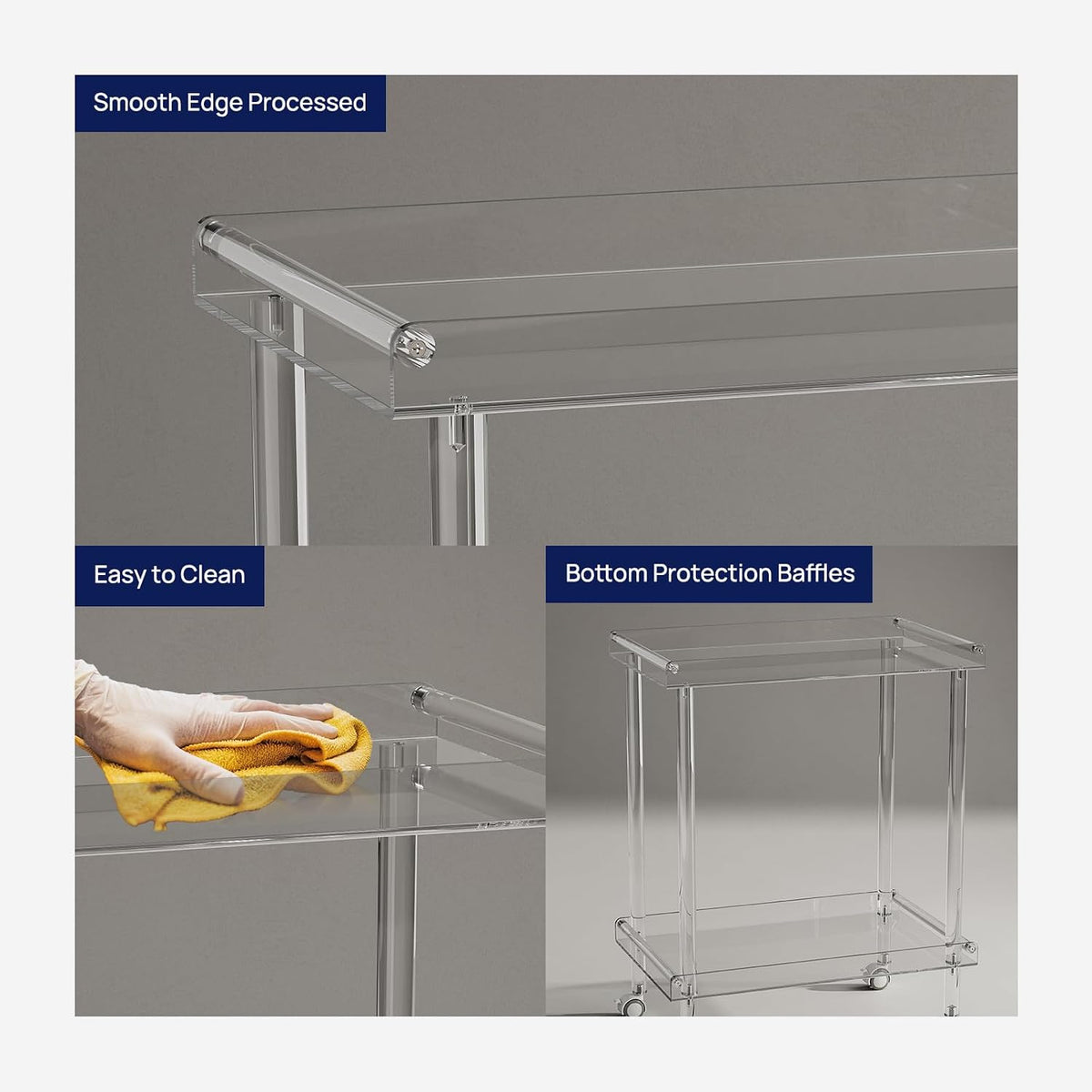 Close-up collaged views highlighting smooth edges, easy-to-clean surface and bottom protection baffles