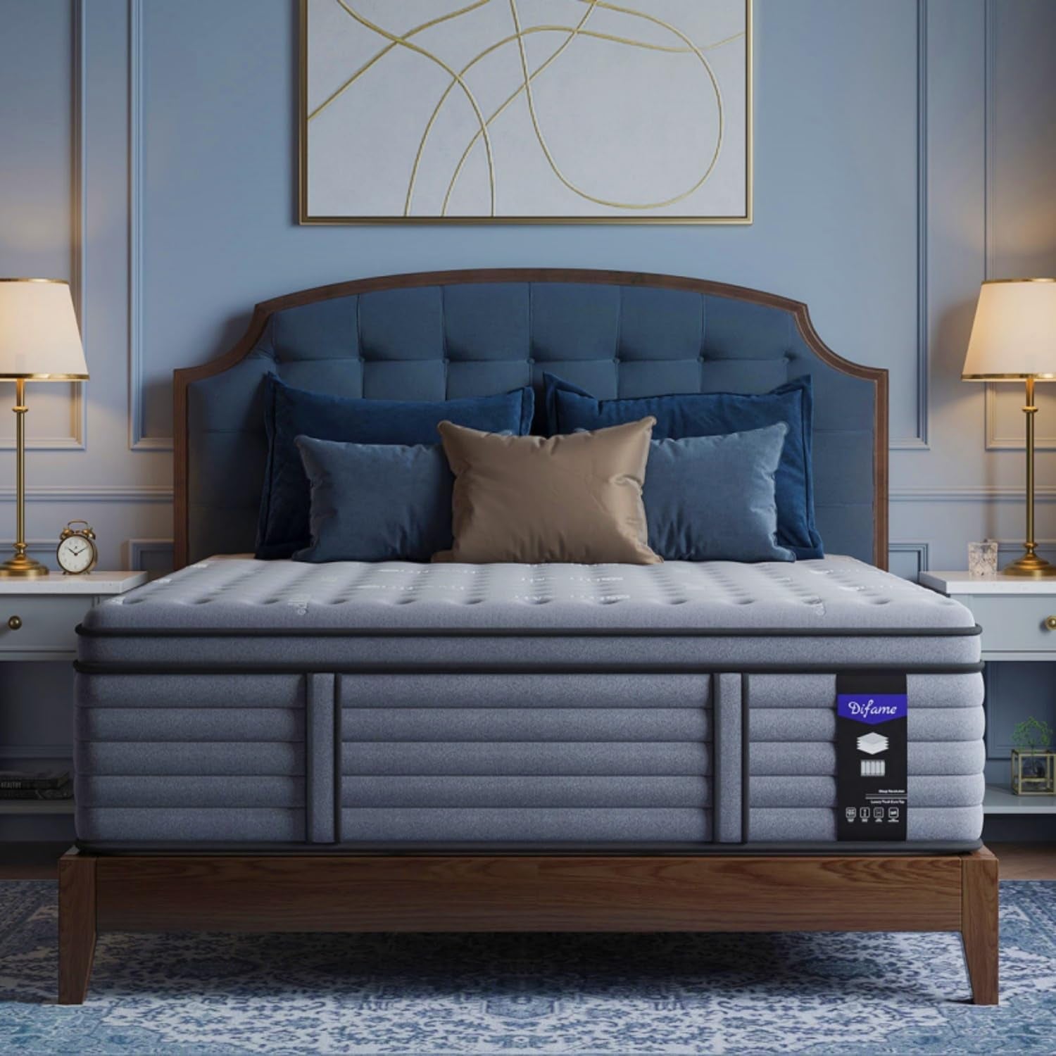 Grey 18-inch hybrid mattress on wooden platform bed, front view in a styled bedroom with blue headboard