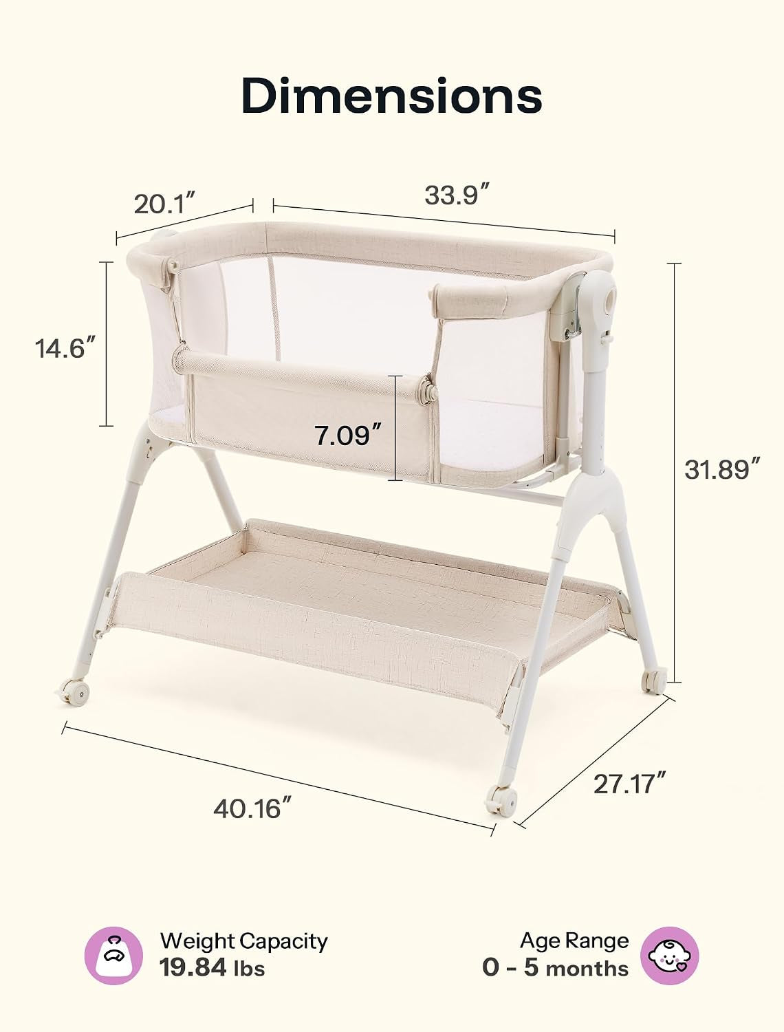 Beige bedside bassinet on frame shown with drawn measurement lines and a fabric storage shelf below.
