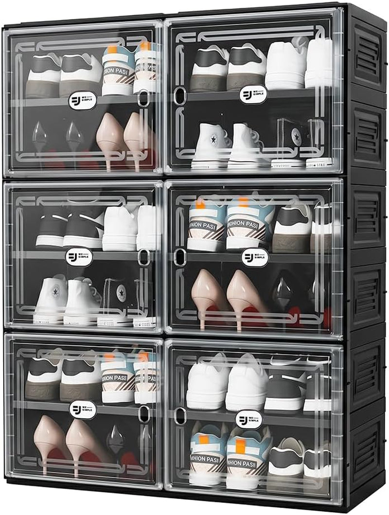 Angled detail of stacked black shoe storage units with transparent doors and visible shoe pairs.