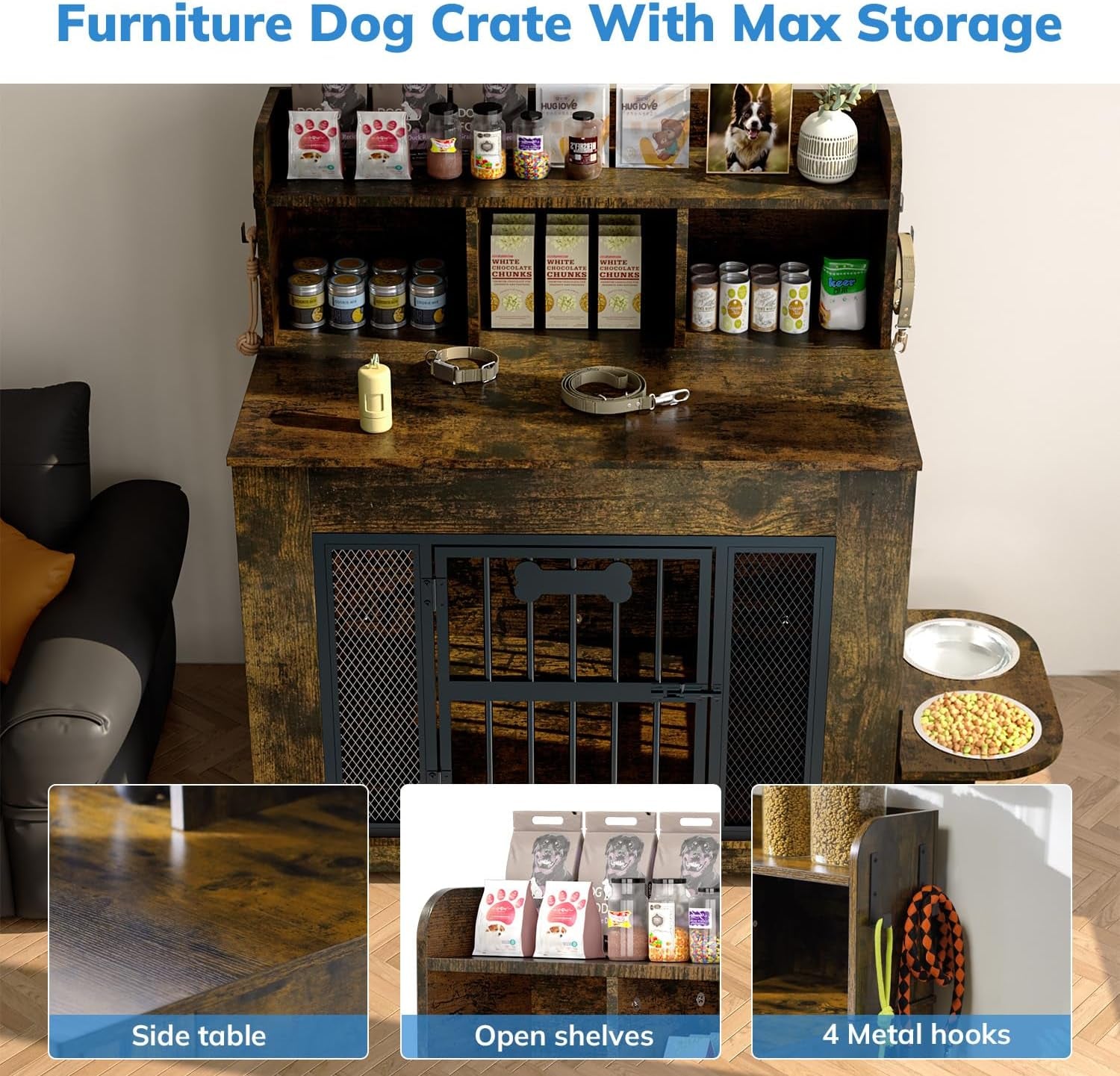 Top-down view of the crate console showing open shelves on top, side table, and display of pet supplies