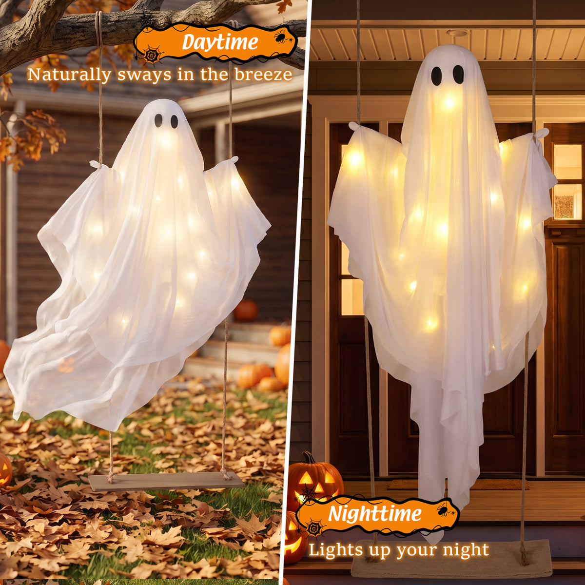 5Ft Halloween Hanging Swing Ghost Decoration with LED String Lights