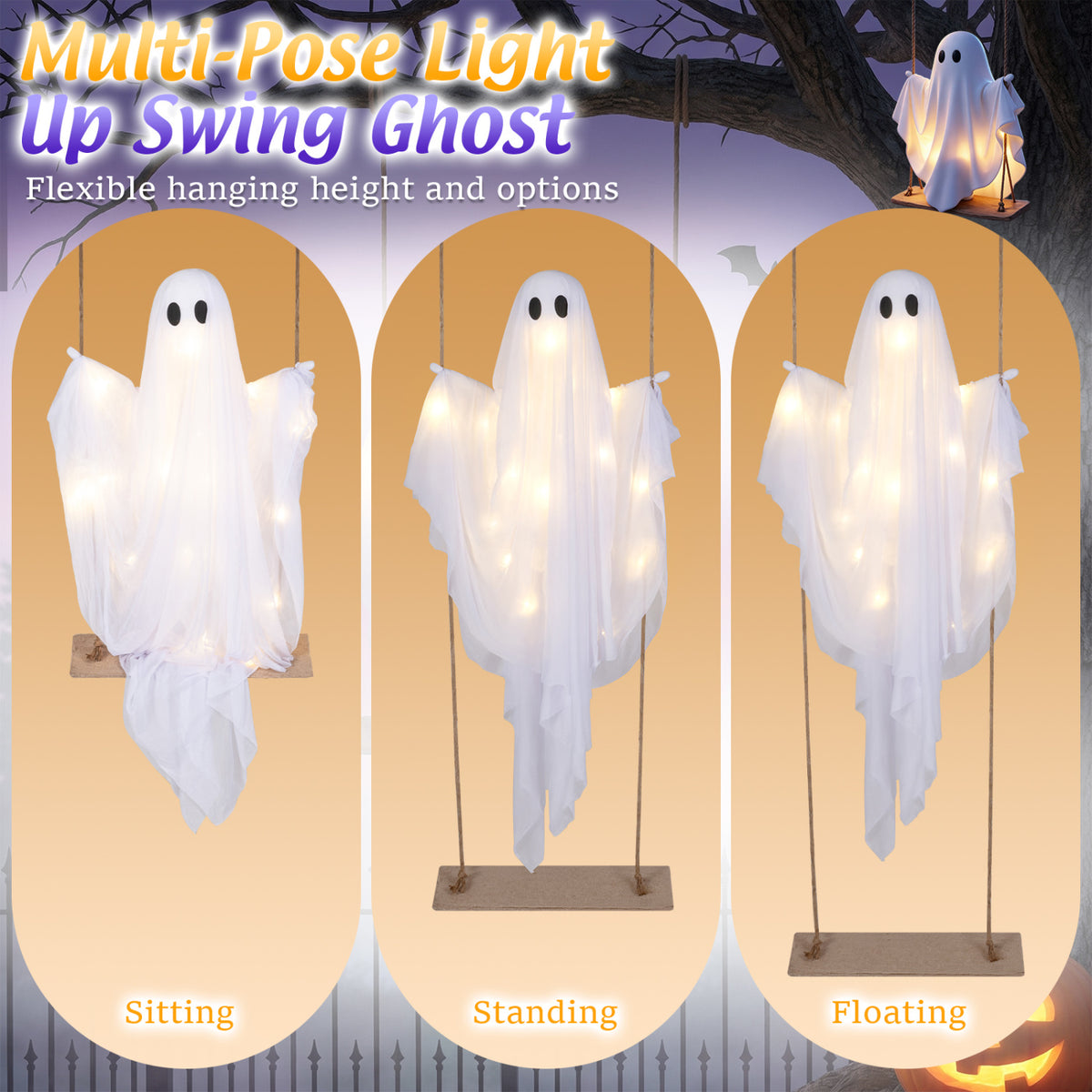 5Ft Halloween Hanging Swing Ghost Decoration with LED String Lights