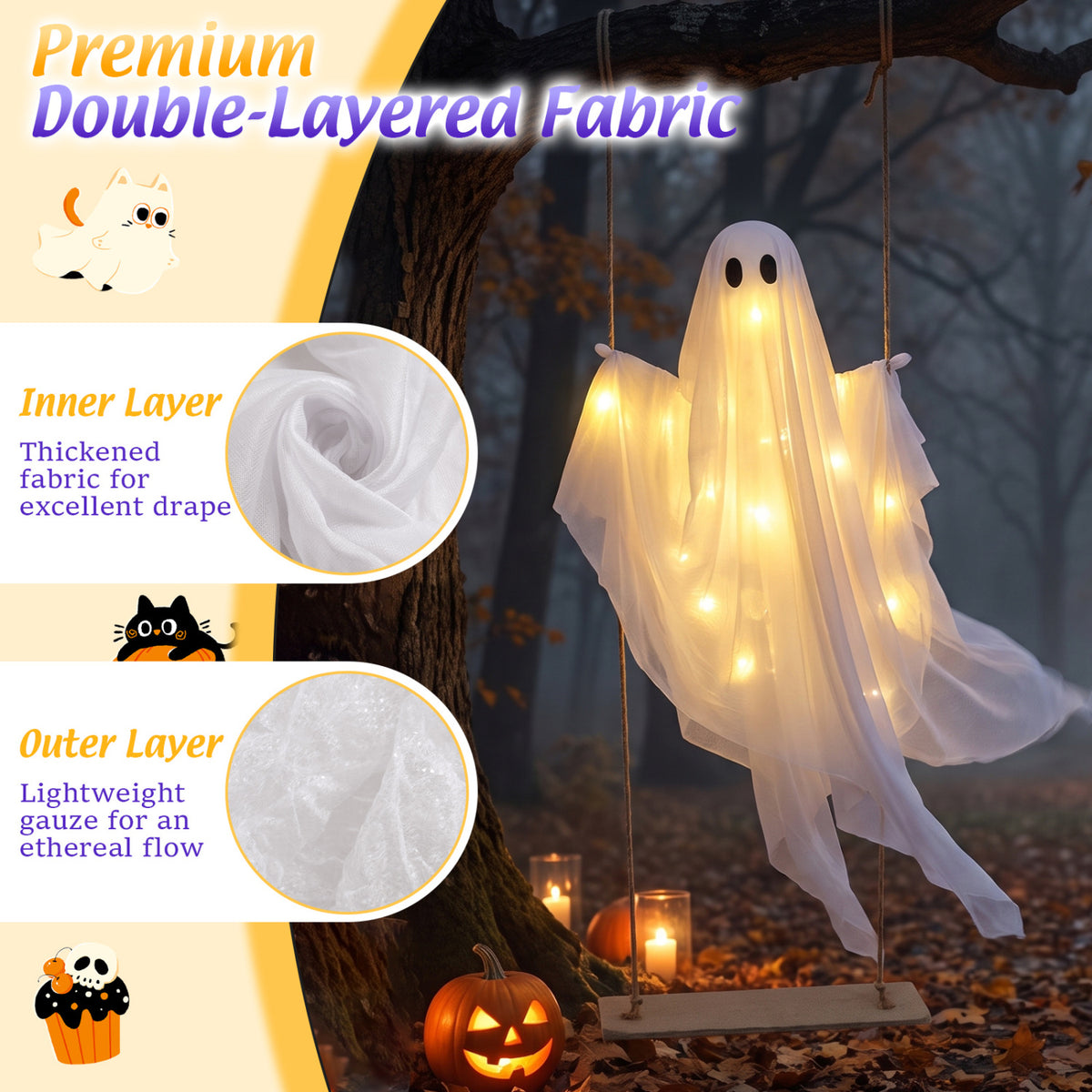 5Ft Halloween Hanging Swing Ghost Decoration with LED String Lights