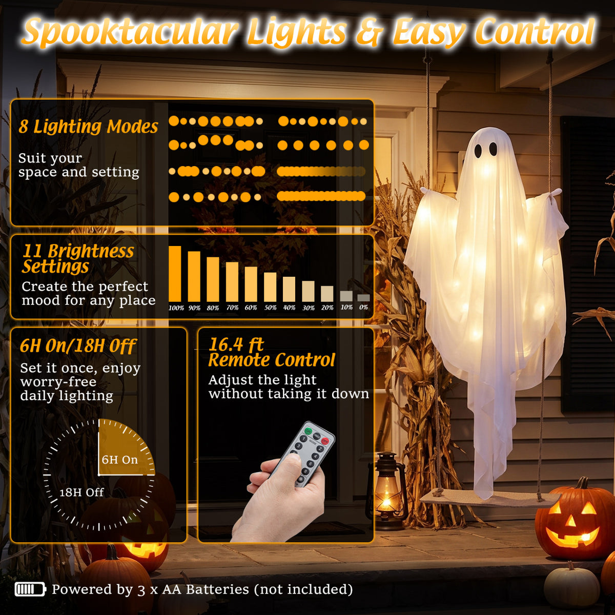 5Ft Halloween Hanging Swing Ghost Decoration with LED String Lights