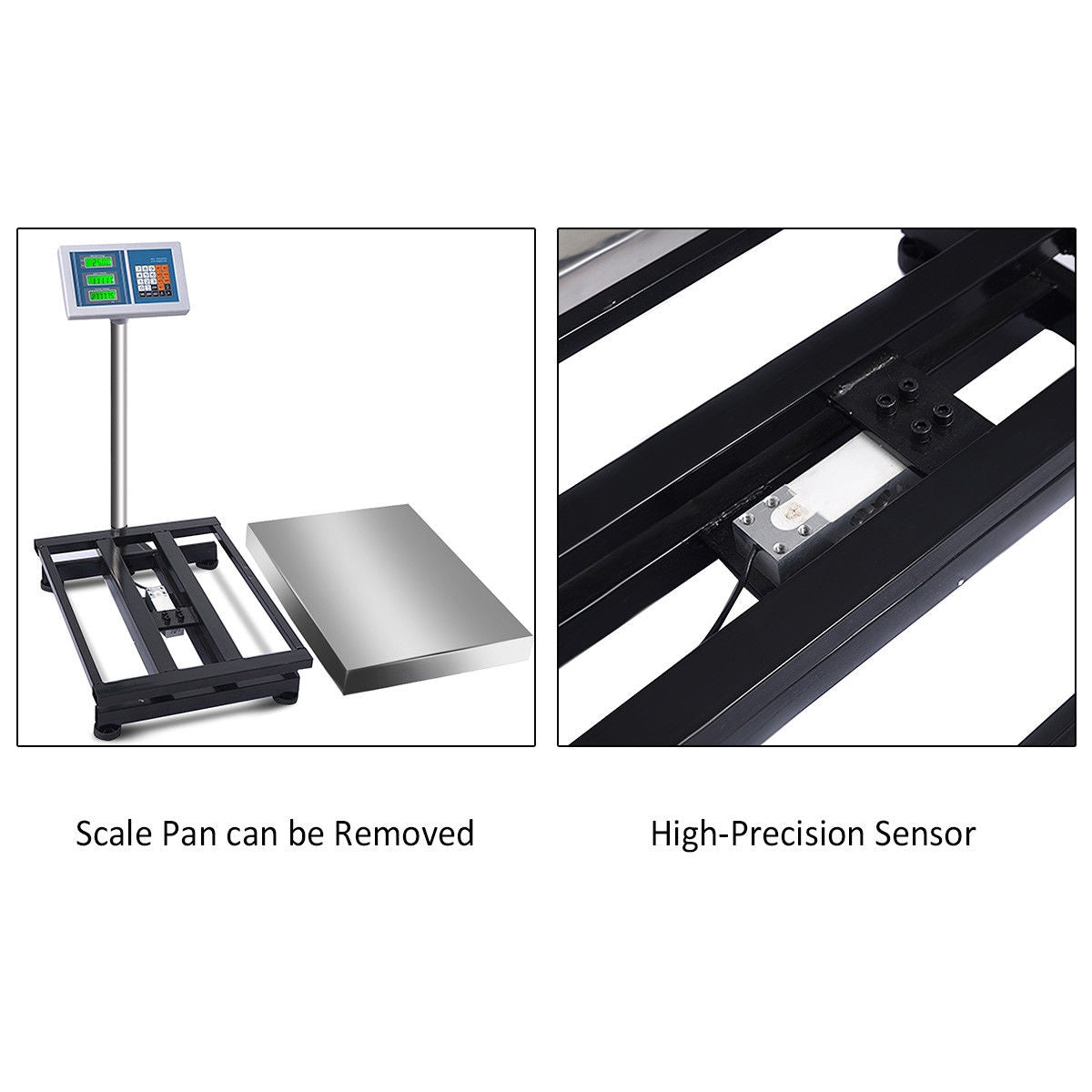Platform scale shown with its metal pan lifted off beside the frame and display.