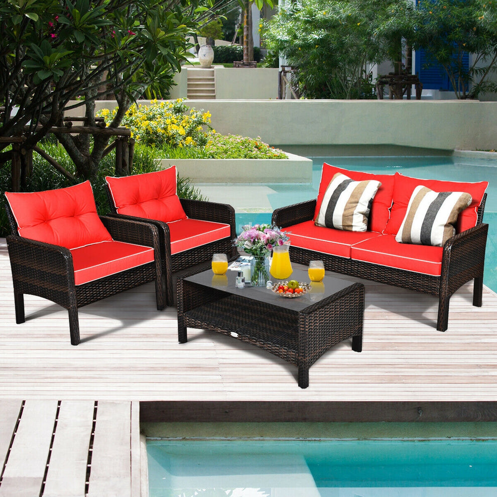 4 Pieces Outdoor Rattan Wicker Loveseat Furniture Set with Cushions, Red