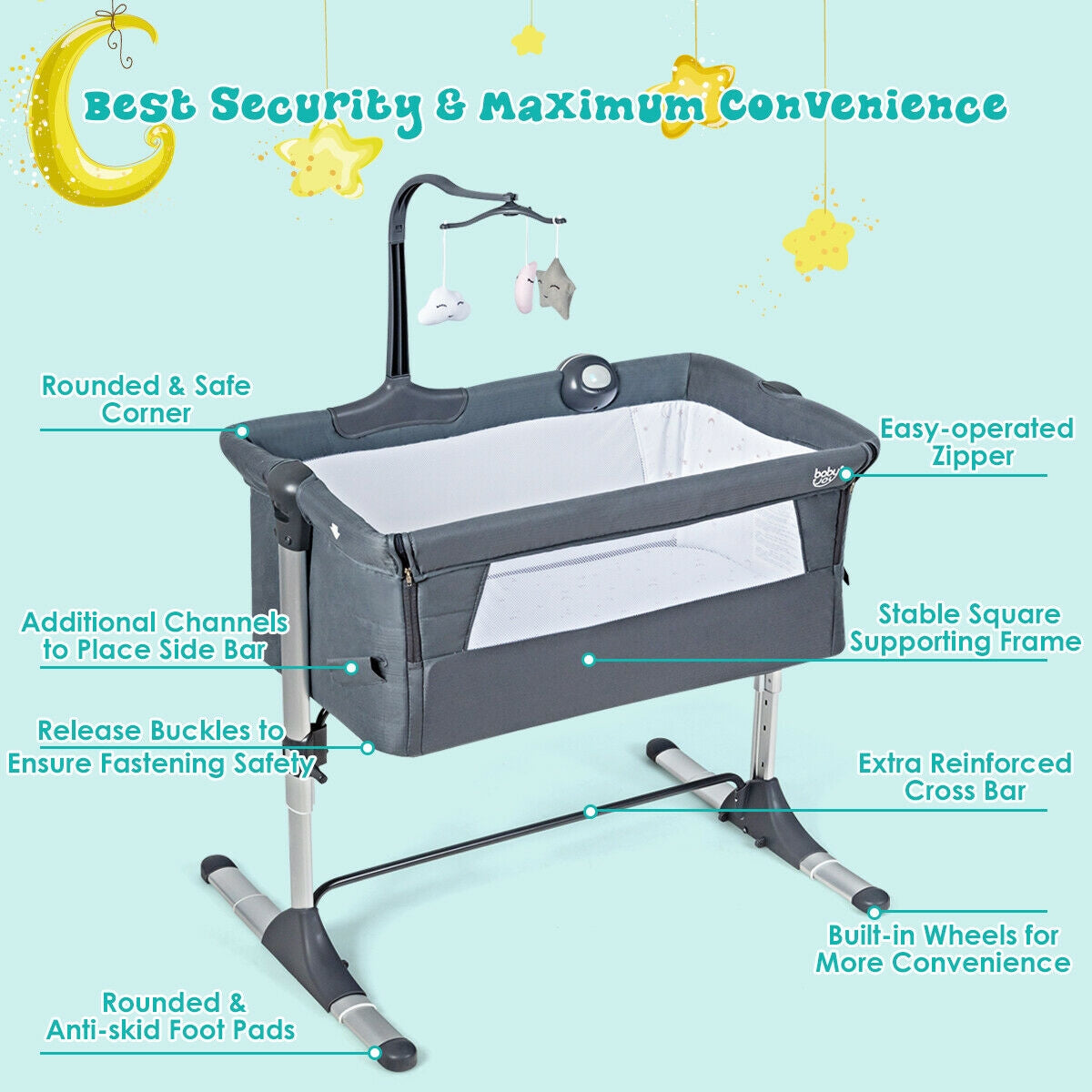 Height Adjustable Baby Side Crib with Music Box & Toys, Dark Gray