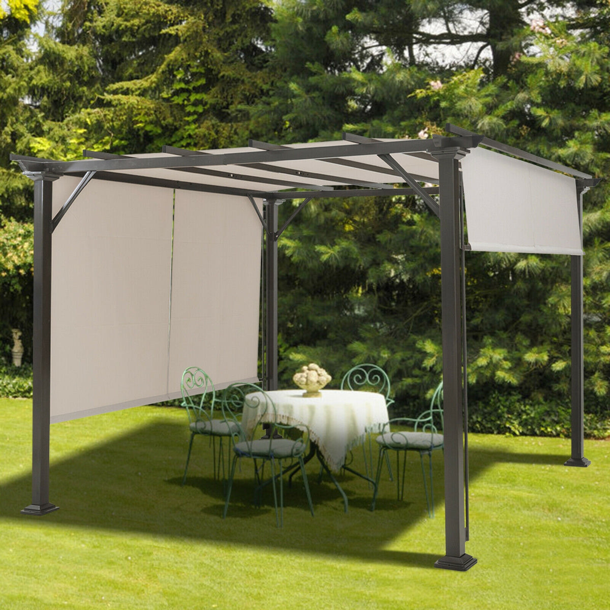 Gazebo with pale canopy panels over a round garden table and chairs