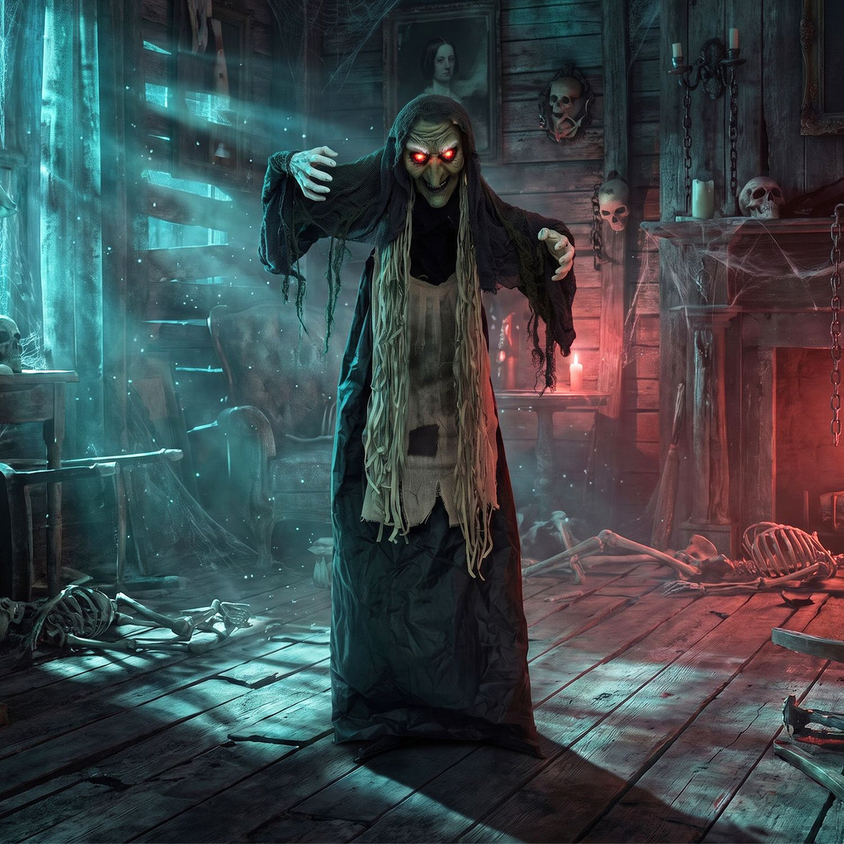 Witch prop posed in a dim, decorated room with glowing red eyes