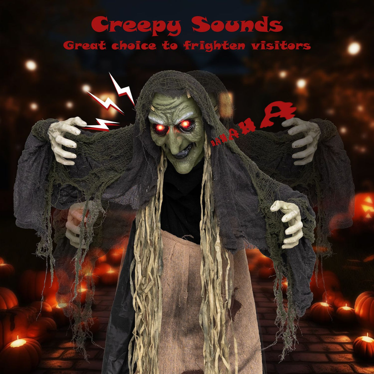 Close view of the witch’s snarling face, glowing red eyes, and outstretched arms against a pumpkin-lit backdrop.