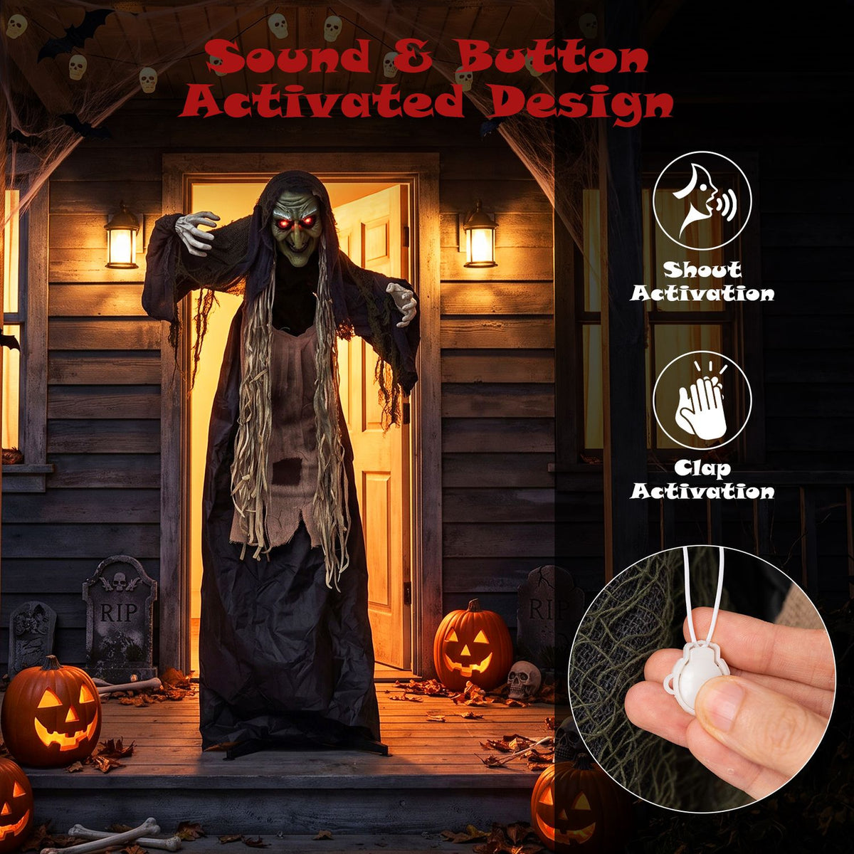 The witch stands in a lit doorway, with a close-up inset showing a hand holding a small white activation piece.