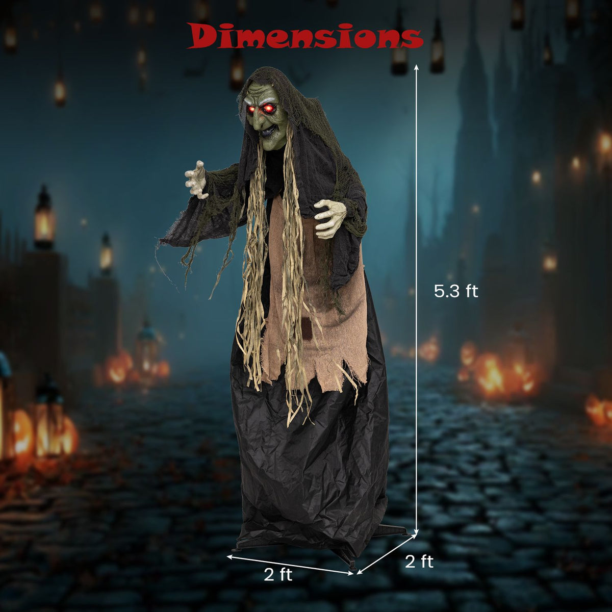 Angled witch prop beside a graphic showing height and base measurements