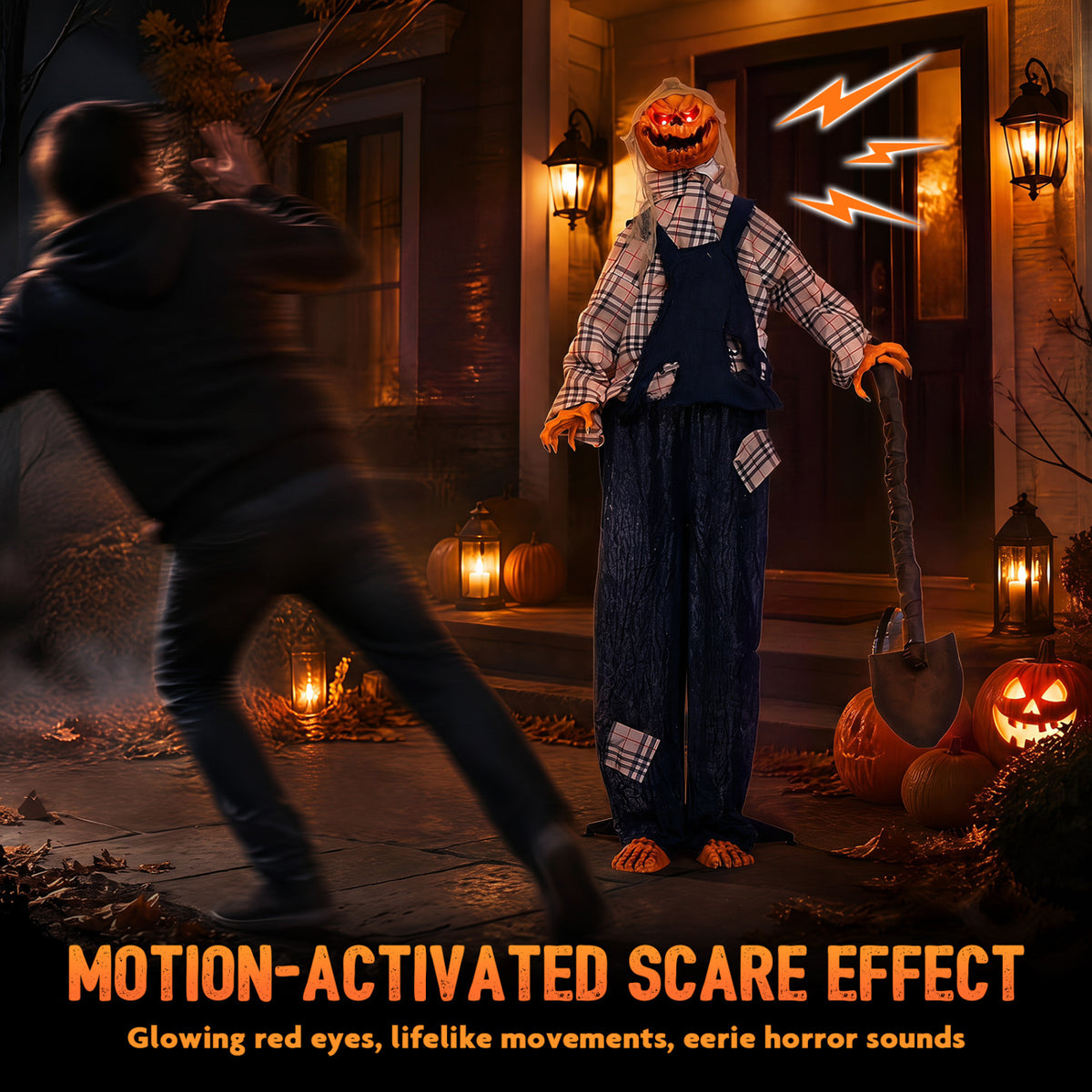 Glowing-eyed scarecrow with a shovel stands at a lit doorway as a person recoils nearby.