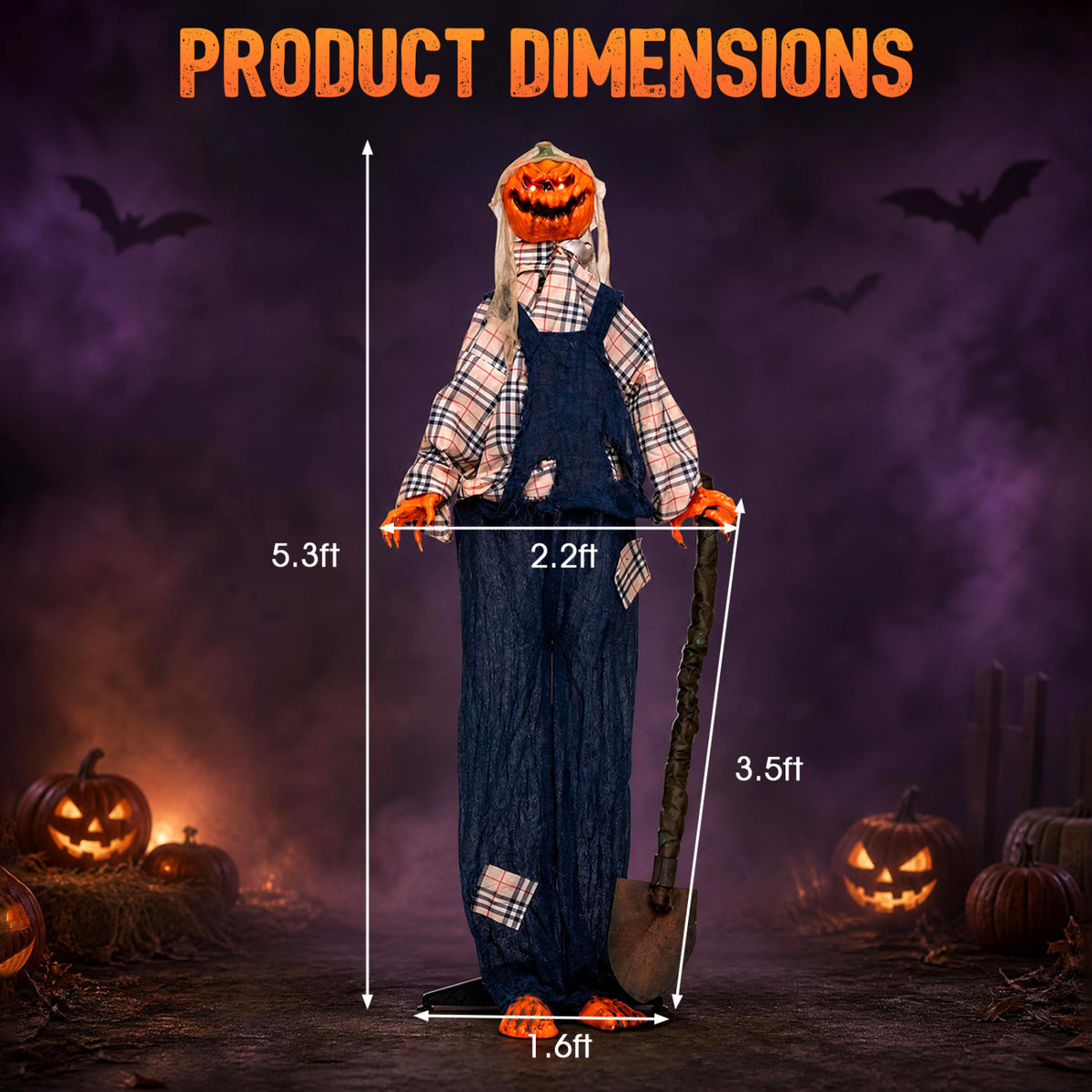 Pumpkin-headed scarecrow holding a shovel, shown full length with measurement arrows.