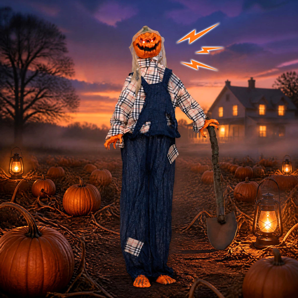 Pumpkin-headed scarecrow holding a shovel stands among pumpkins and lanterns at dusk.