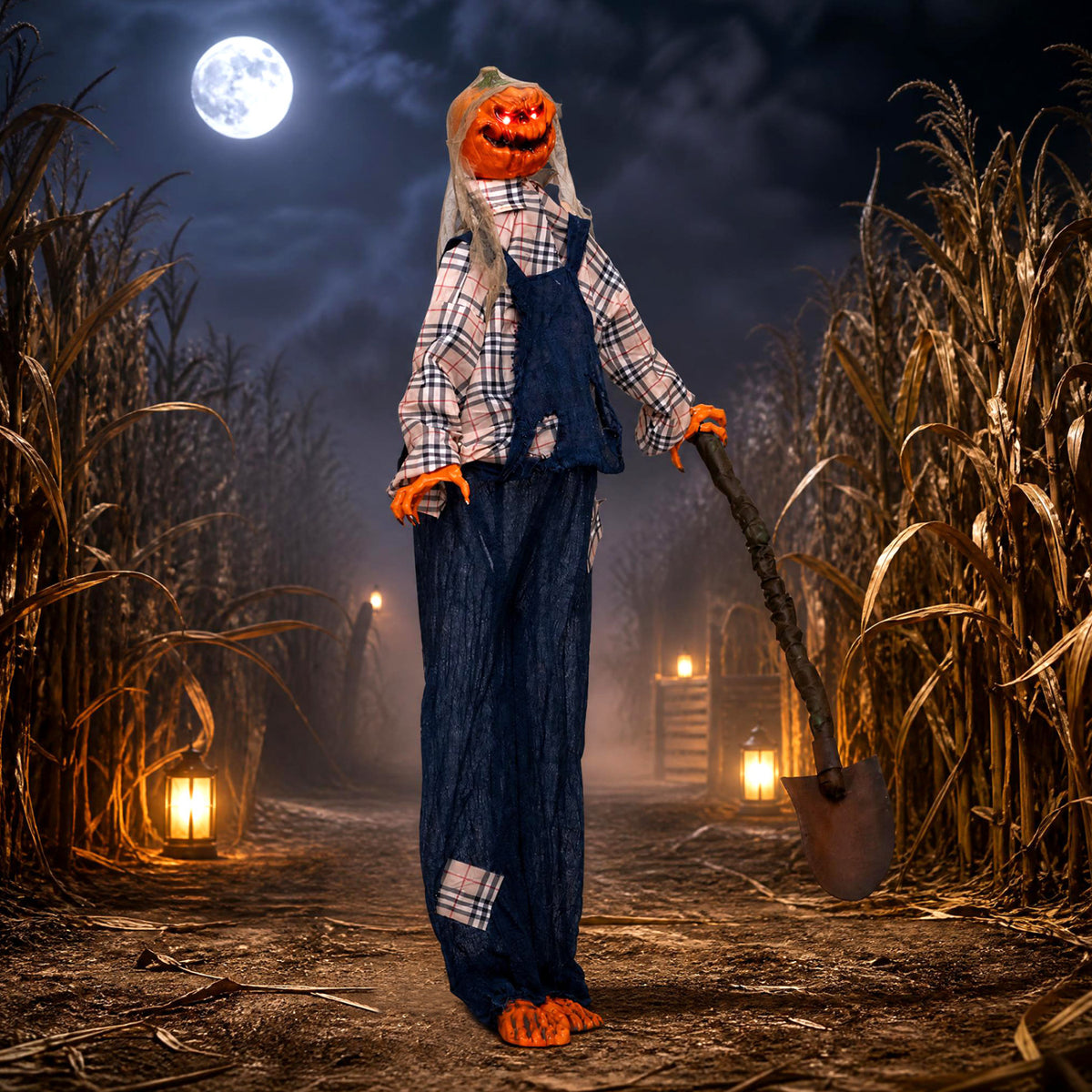 A pumpkin-headed scarecrow with a shovel stands on a moonlit path lined with tall corn and lanterns.