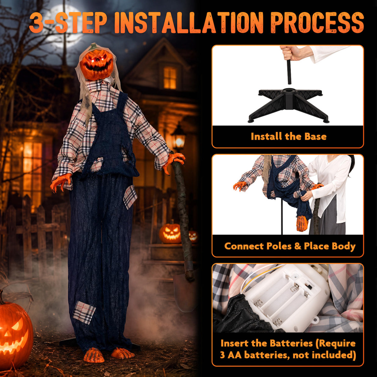 Scarecrow display beside three inset photos showing its base, pole assembly, and battery compartment.