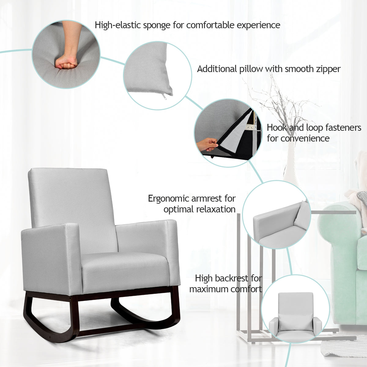 2-in-1 Fabric Upholstered Rocking Chair with Pillow