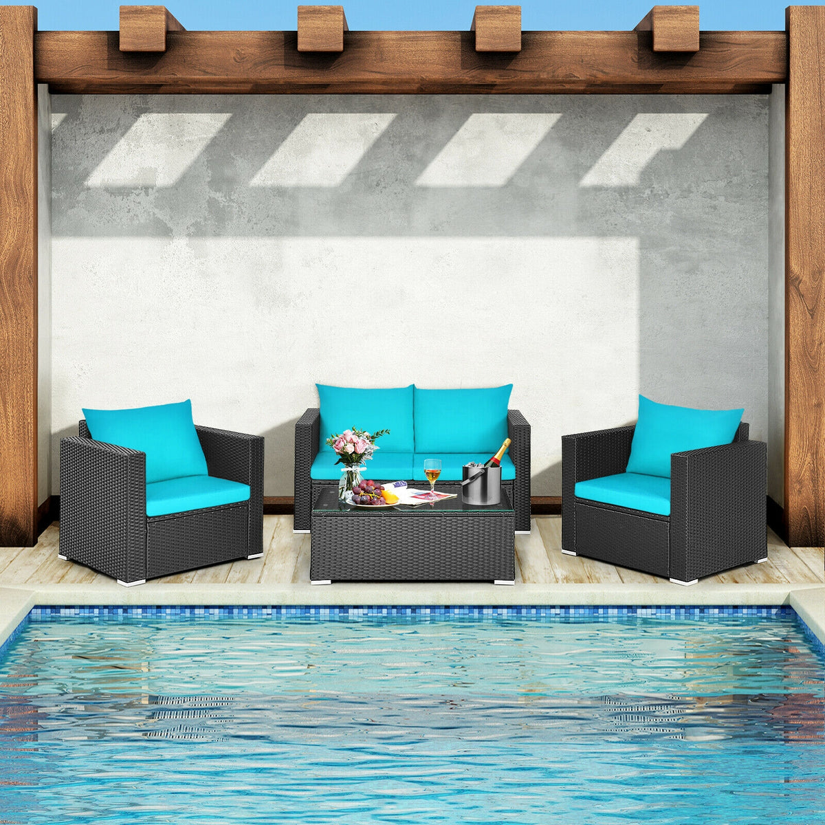 4Pcs Patio Rattan Cushioned Furniture Set