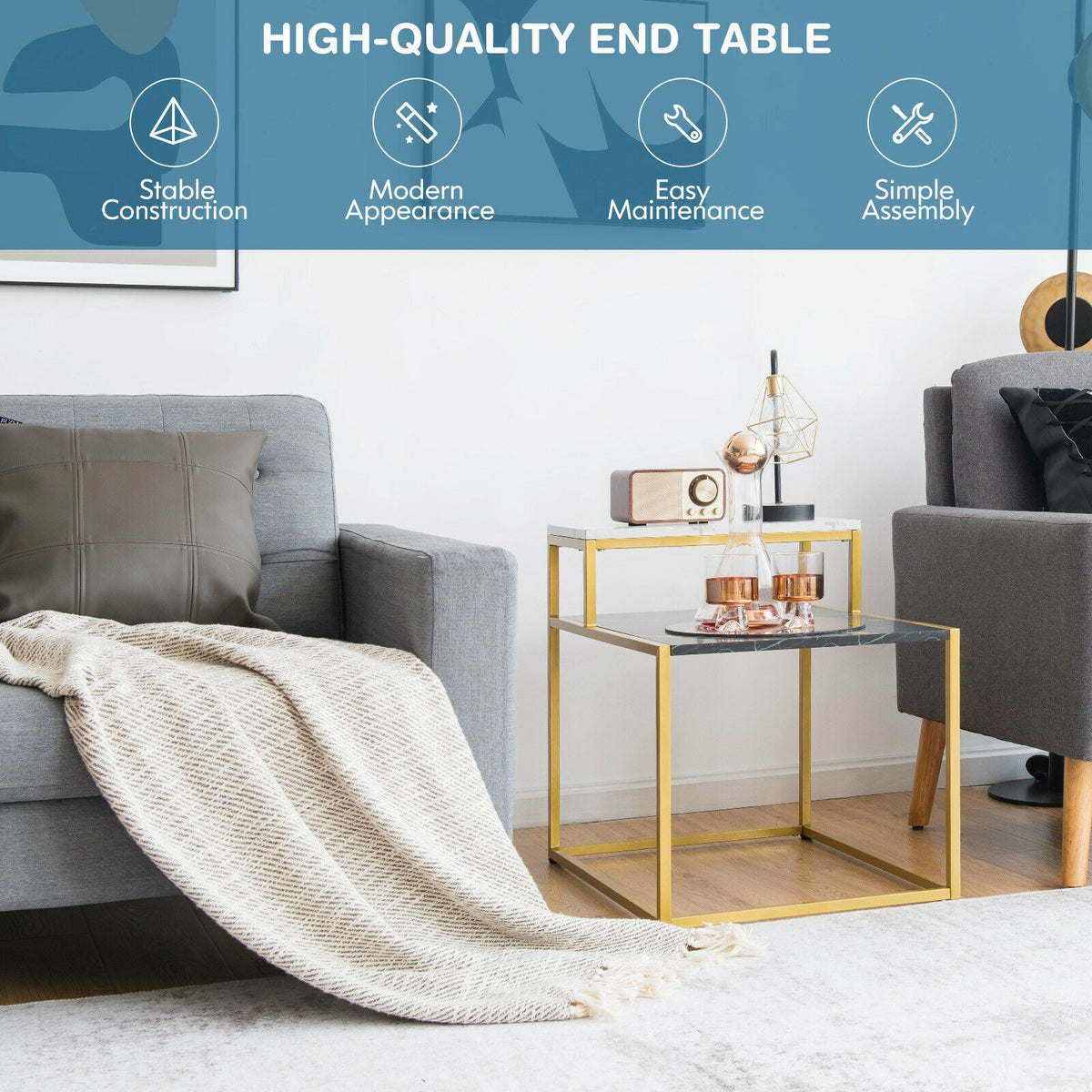 2 Tier End Side Table with Metal Frame and Storage Shelf for Living Room, White