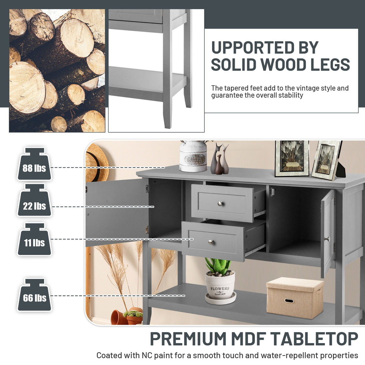 Wooden Sideboard Buffet Console Table with Drawers and Storage, Gray
