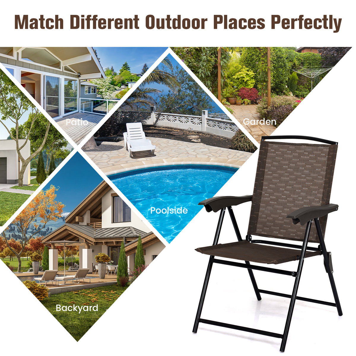 A brown sling-back folding chair is shown beside a collage of outdoor settings, including a pool and garden.