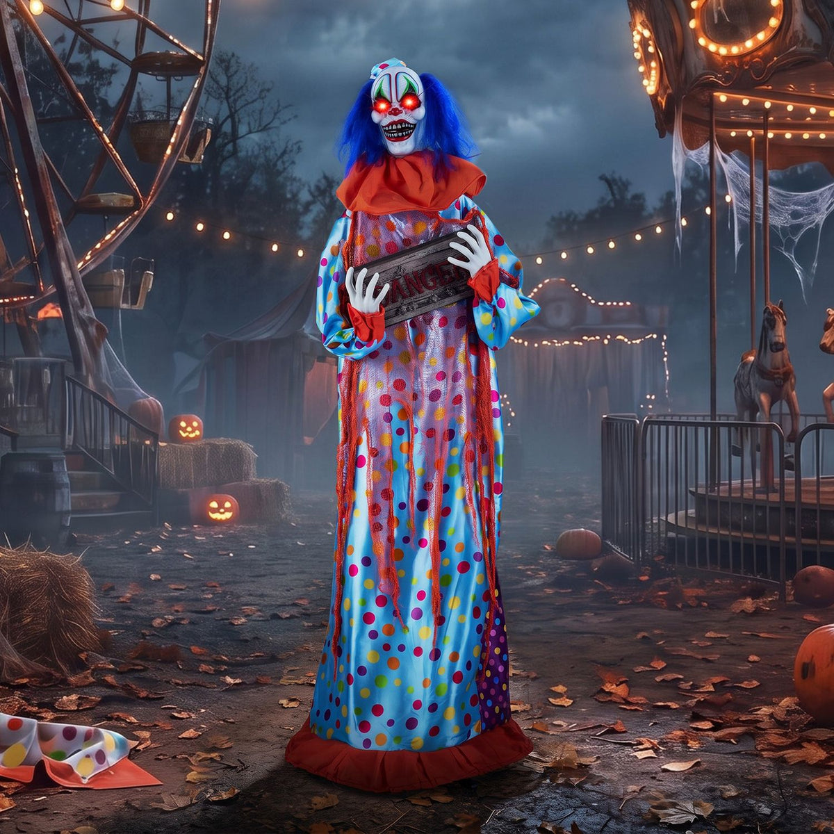 Multicolor animated clown holding a sign in a nighttime carnival scene