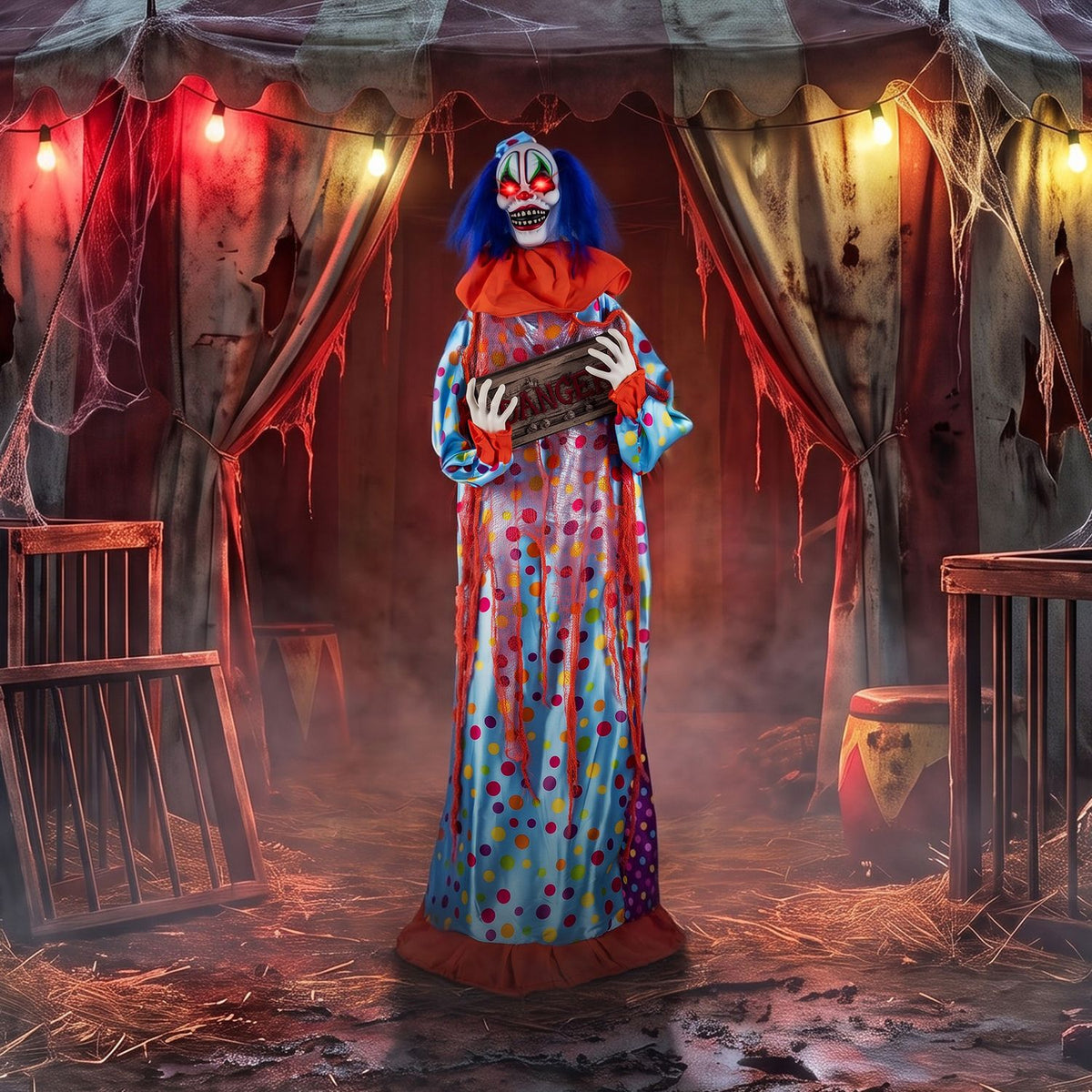 Multicolor clown with red eyes beneath a lit circus tent