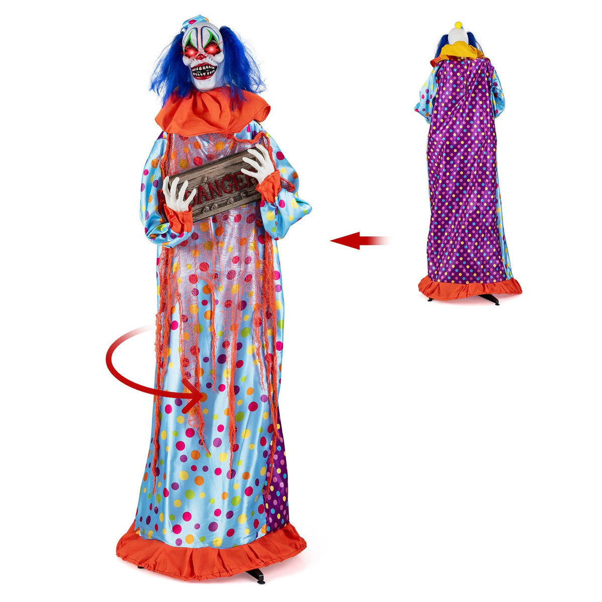 Front and rear views of the multicolor clown on a white background