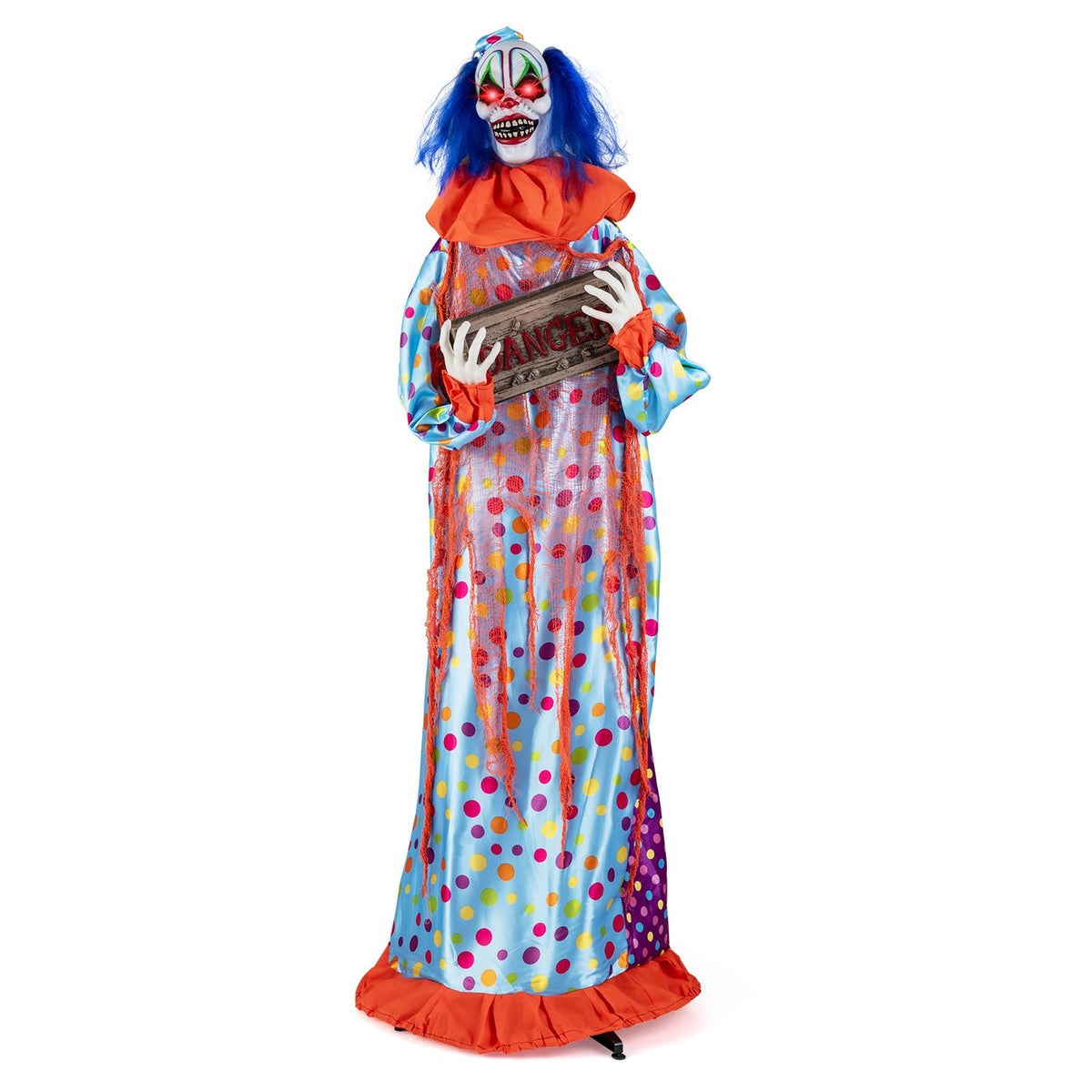 Full-length front view of the multicolor clown on a white background