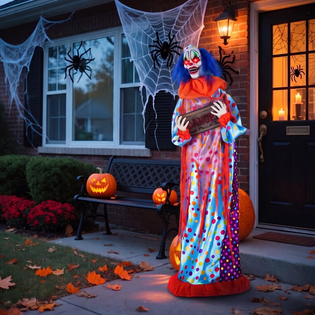 Animated clown displayed on a decorated porch beside Halloween pumpkins