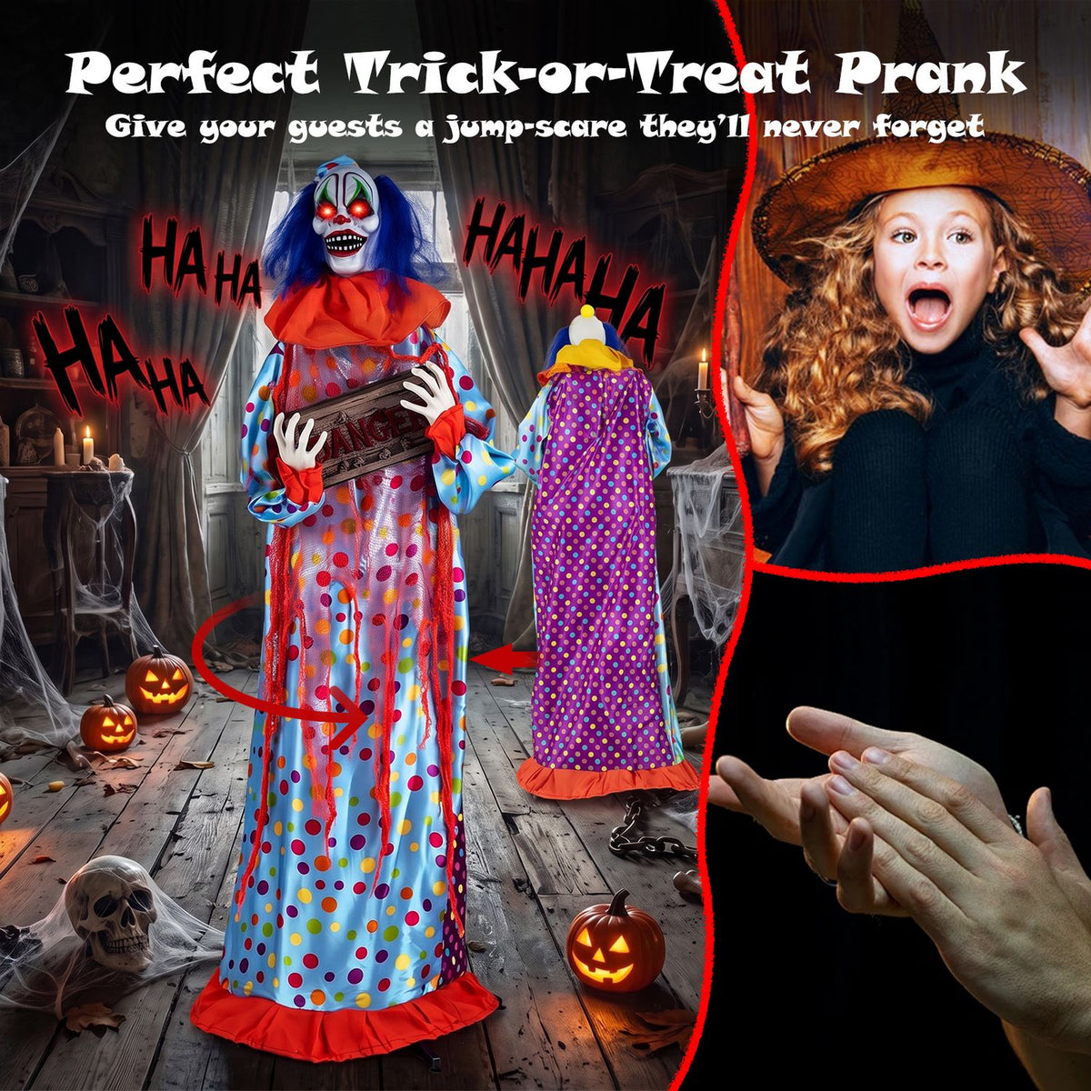 A clown figure appears beside a startled child, with a rear view and a hand shown in separate panels.