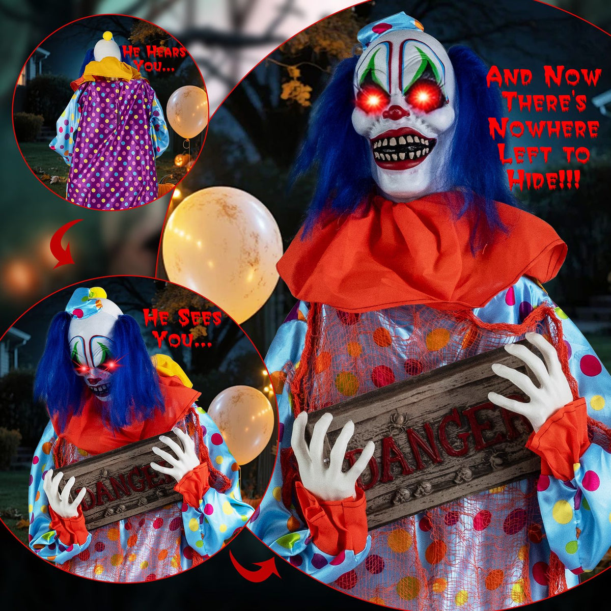 Close-up of the clown's glowing red eyes and toothy grin, with smaller views of its back and pose.