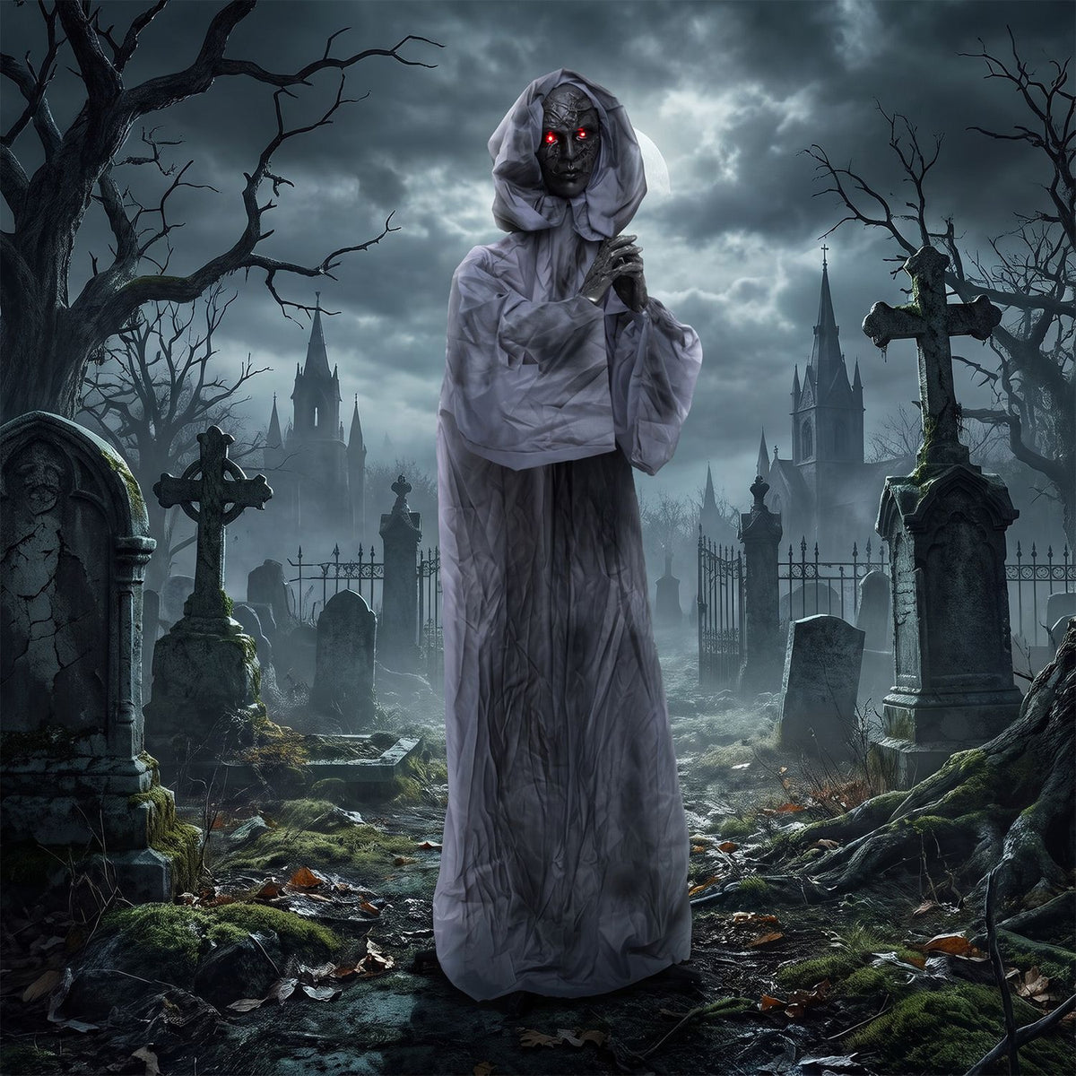 Gray-robed weeping woman animatronic in a foggy cemetery scene