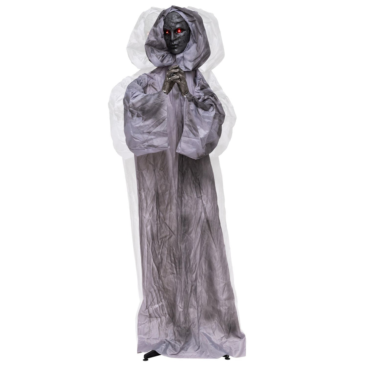 Front view of the gray-robed animatronic on a white background